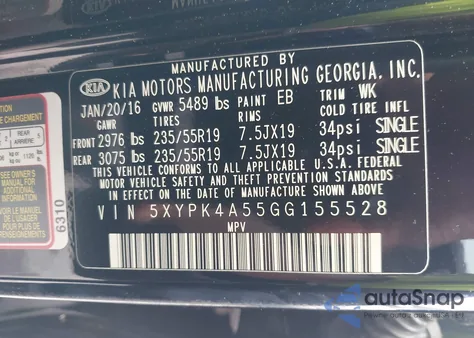 2016 Kia Sorento 3.3L Sx z USA, uszkodzony, nr VIN 5XYPK4A55GG155528